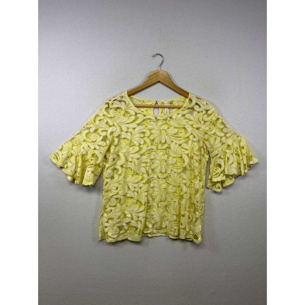 Boho NY Collection Women L Yellow Floral Lace Ruffle Tiered Sleeve Keyhole Top